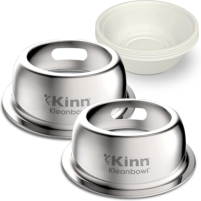 Kinn Kleanbowl Pet Bowl Stainless Steel Frame with Compostable Refills, 32 oz (Pack of 2) – Spill-Proof Stable Disposable Pet Bowls for Easy Cleaning and Healthy Pets, No Plastic
