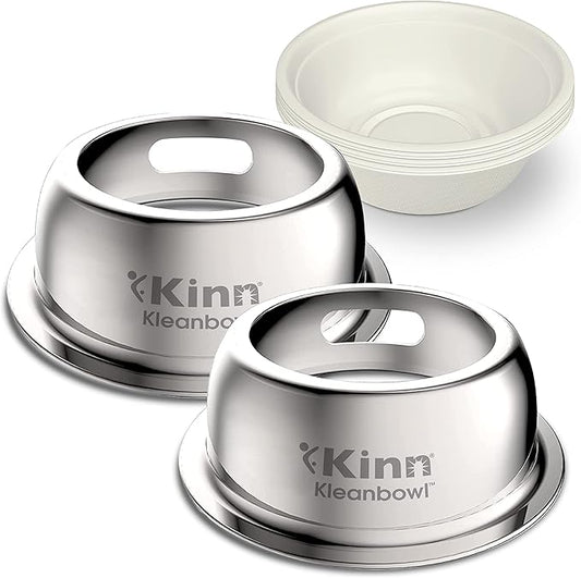 Kinn Kleanbowl Pet Bowl Stainless Steel Frame with Compostable Refills, 32 oz (Pack of 2) – Spill-Proof Stable Disposable Pet Bowls for Easy Cleaning and Healthy Pets, No Plastic