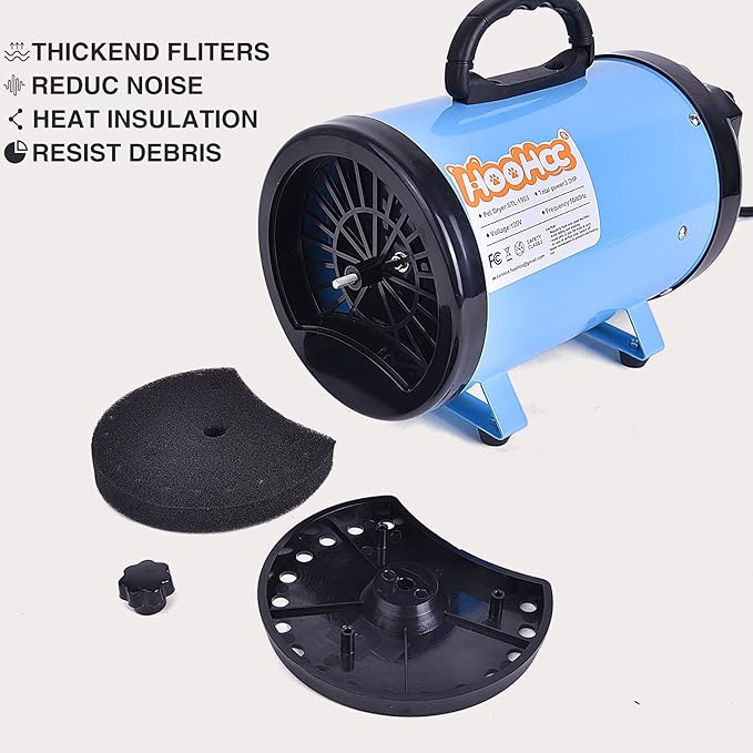 Dog Dryer, High Velocity Dog Hair Dryer, Dog Blow Dryer - Groomer Partner Pet Blower Grooming Force Dryer with Heater, Stepless Adjustable Speed, 4 Different Nozzles, Comb & Pet Grooming Glove (Blue)