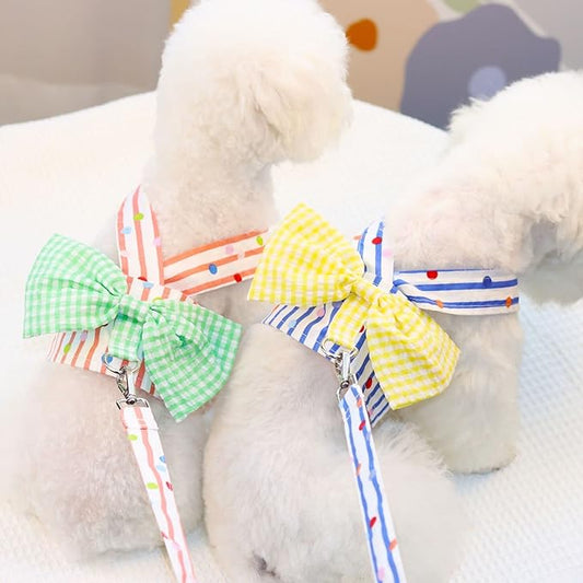 Bowknot Dog Harness with Leash Set,Stripe Puppy Cat Harness Vest with D Ring, Walk Doggie Outfits for Puppy Cat Apparel (Blue, XXL)