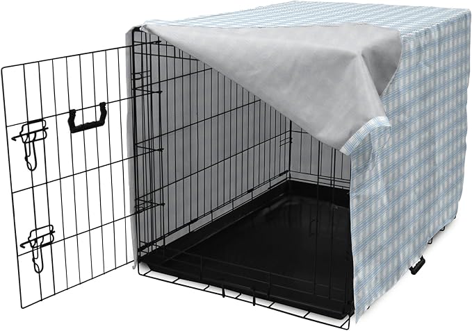 Lunarable Plaid Dog Crate Cover, Geometrical Striped Old Fashioned Pattern Pastel Colors Country, Easy to Use Pet Kennel Cover for Small Dogs Puppies Kittens, 18 Inch, Pale Blue Yellow White