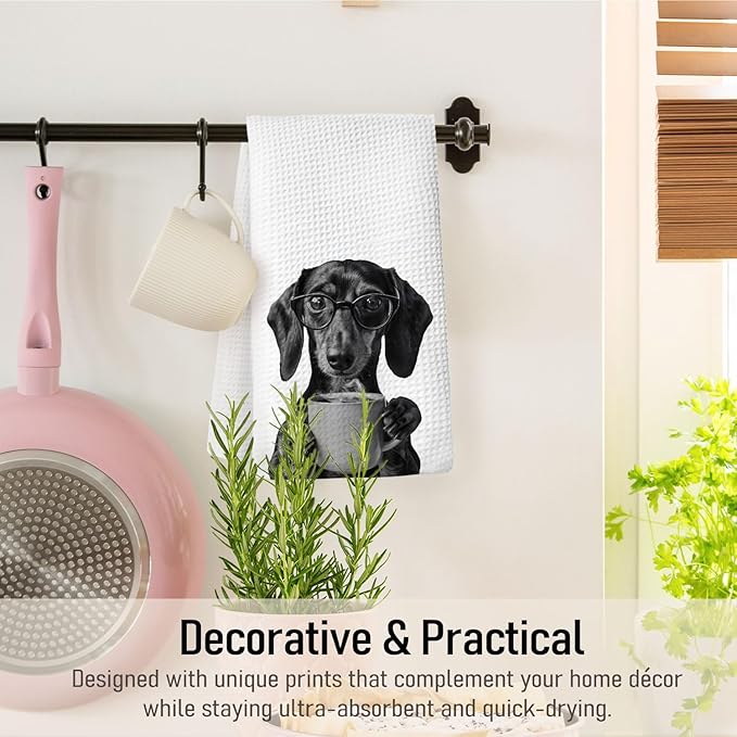 Coffee Dachshund Kitchen Towels, Gifts for Dachshund Lovers Dish Towels for Kitchen Drying, Weiner Dog Gifts for Women Hand Towels for Bathroom, 16x24 Inch