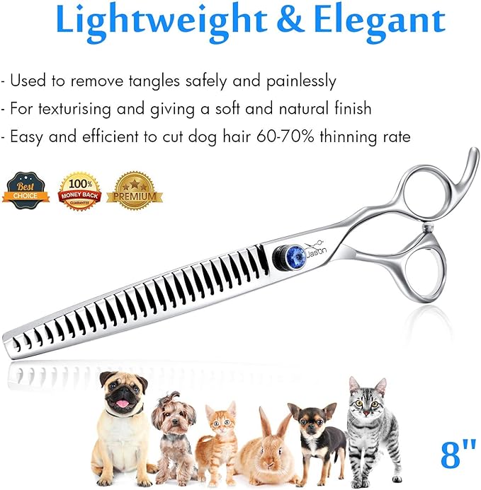 JASON 8" 26 Tooth Chunkers Shears for Dogs Ergonomic Cats Grooming Scissors & JASON Dog Grooming Scissors Set - Professional 6 in 1 Dog Shears Set