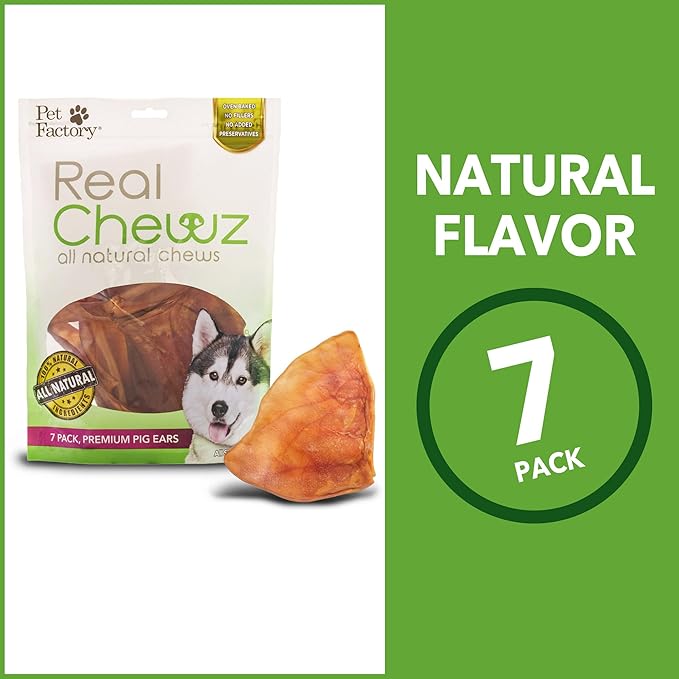 Pet Factory Real Chewz Premium Pig Ears Dog Chew Treats, 100% All-Natural - 7 Count/1 Pack