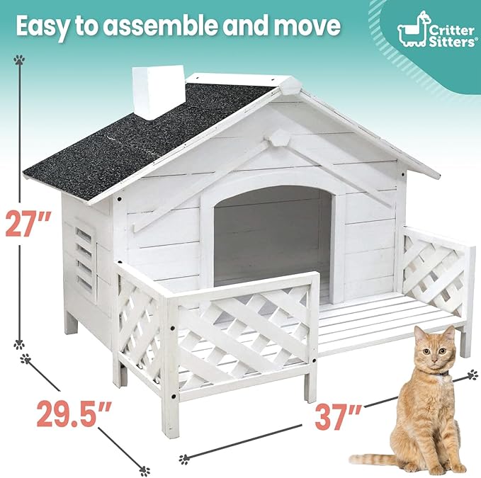 Critter Sitters 27'' Pet House with Porch, Weather-Resistant Dog House for Animals up to 44 Pounds, Waterproof Outdoor Dog House, Ideal for Cats, Dogs, and Rabbits, White Fir Wood Dog Houses