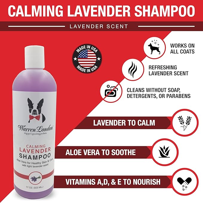 Calming Lavender Dog Shampoo w/Aloe Vera & Essential Oils- Warren London- Made in USA- 17oz