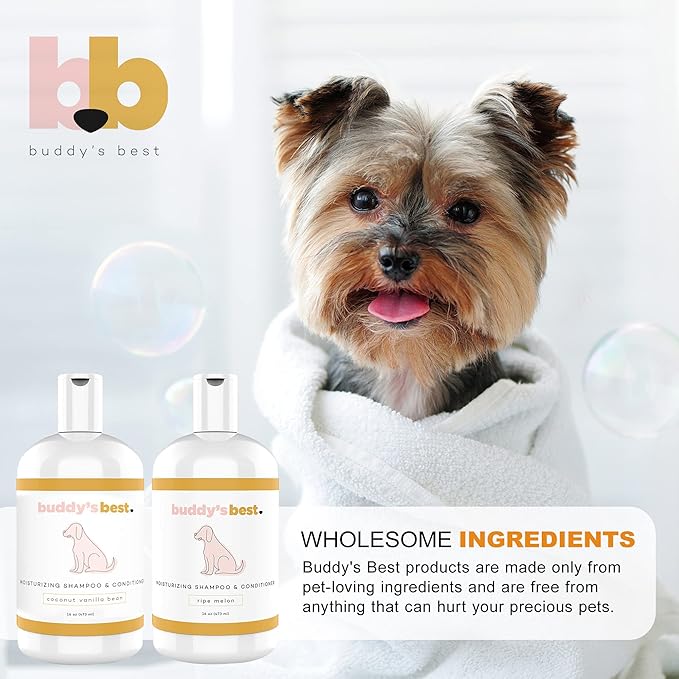 Buddy's Best Dog Gift Box for Holidays & Special Occasions - Pet Package with Odor Eradicator (32oz), Oral Care Gel (2oz), and Shampoo Bottles, Coconut Vanilla (16oz) & Ripe Melon (16oz)