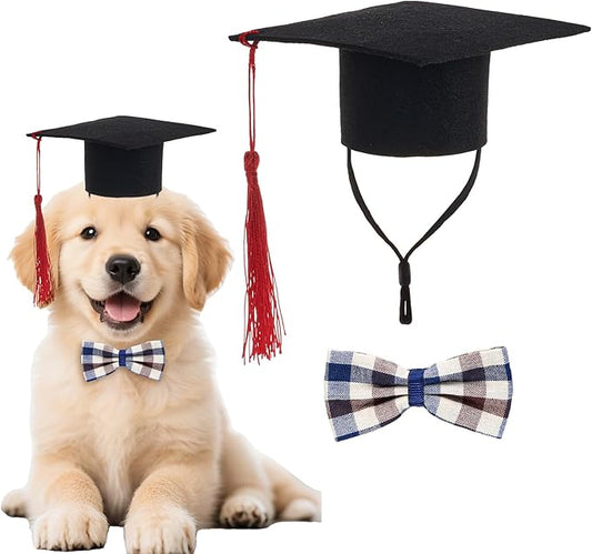 Pet Graduation Cap with Bowtie Collar Set, Small Dogs Cats Graduation Outfits Party Dress Costume Accessory (Gray)