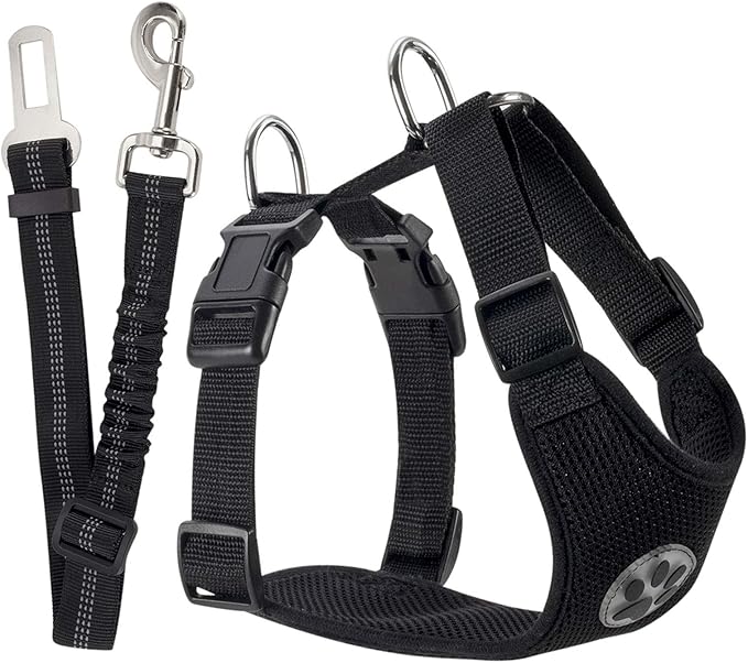 SlowTon Dog Seat Belt Harness for Car, Dog Car Harness Adjustable Mesh Breathable & Dog Seatbelt Safety Tether with Elastic Bungee for Small Medium Large Pets(Black, Single Clip, S)