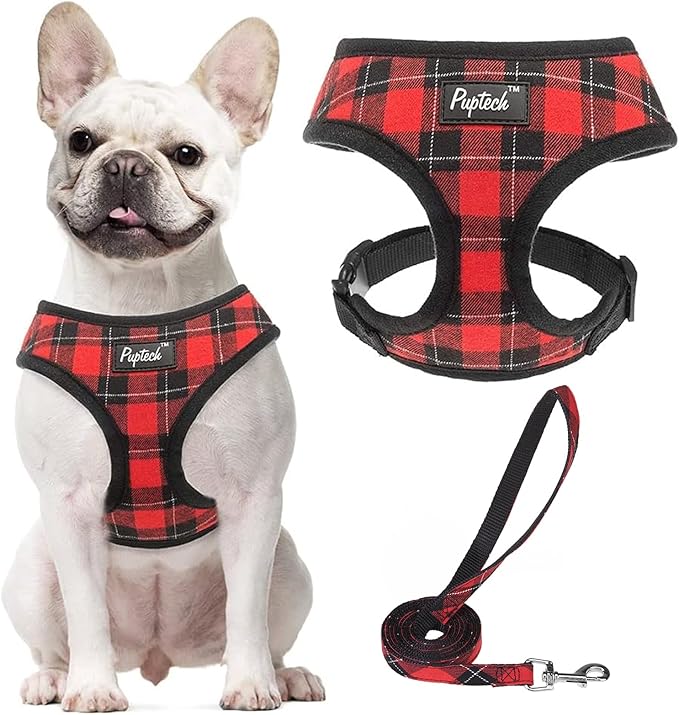 PUPTECK Soft Mesh Dog Harness and Leash Set Pet Puppy Cat Comfort Padded Vest No Pull Harnesses, Red&Black, L