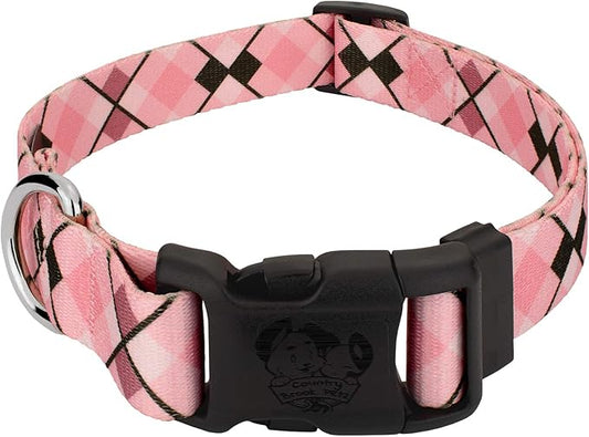 Country Brook Petz - Deluxe Pink and Brown Argyle Dog Collar - Made in The U.S.A. - Plaid and Argyle Collection Featuring Charming Designs (1 Inch, Extra Large)