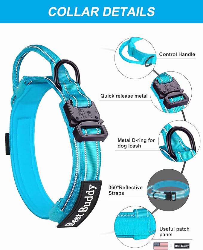 AUBELL Tactical Dog Collar and Leash Set, Adjustable Military Nylon Reflective Dog Leash and Collar with Handle and Heavy Metal Buckle for Medium Large Dogs, with Airtag Holder and 2 Patches(Blue, M)
