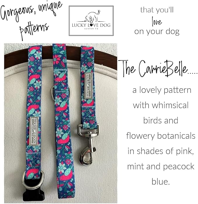 Lucky Love Dog, Whimsical Bird Martingale Dog Collar and Leash Set, Vivid Pink, Mint, Blue Flowers Large No Slip Dog Collar - (L, Carriebelle Mart - Combo)