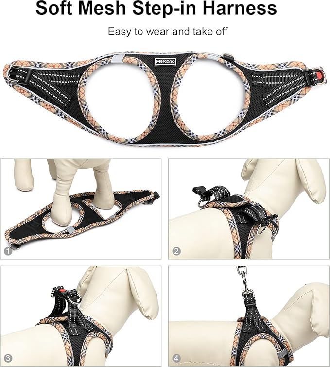 Mercano Soft Mesh Dog Harness and Leash Set, No-Chock Step-in Reflective Breathable Lightweight Easy Walk Escape Proof Vest Harnesses with Safety Buckle for Small Medium Dogs, Cats (Black Yellow, XXS)