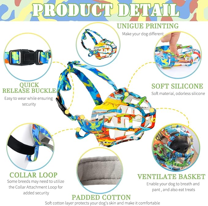 BARKLESS Dog Muzzle, Silicone Basket Muzzle for Small Medium Large Dogs, Soft Cage Muzzle Prevent Biting Chewing, Allow Drinking Panting, Suitable for German Shepherd Graffiti