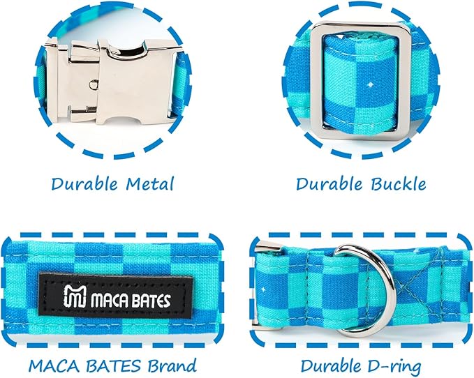 Maca Bates Checkered Mint Blue Dog Grid Collar for Small Dogs Adjustable Plaid Collars Accessories Gift for Small Medium Large XL Puppy with Golden Metal Buckle
