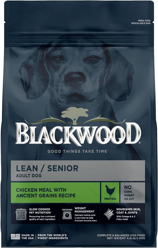 Blackwood Lean/Senior Dry Dog Food, Chicken Meal with Ancient Grains, 4.5 Pound Bag for Weight Management and Muscle Mass Maintenance