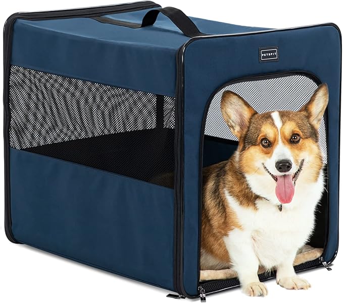 PETSFIT Soft Sided Dog Crate, Portable Dog Crate - 24 Inch with Thicken Mat, Easy to Fold, Sturdy and Portable, Perfect for Traveling, Collapsible Dog Kennel Navy Blue