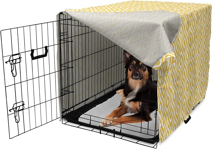 Lunarable Yellow Dog Crate Cover, Geometric Pattern with Ogee Shapes Waves and Curves Design Modern Boho Print, Easy to Use Pet Kennel Cover for Medium Large Dogs, 36 Inch, Yellow and White
