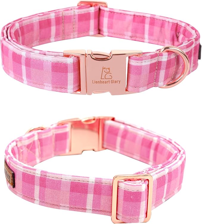 Lionheart glory Valentine's Day Collar, Pink Plaid Dog Collar for Large Cute Dog Collars Spring Female Pet Gift Adjustable Heavy-Duty Dog Collar Holiday