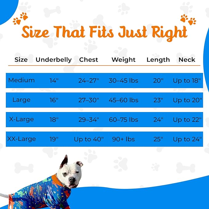 Tooth & Honey Pitbull Clothes – Premium Dinosaur Printed Pajamas for Large Breeds – Outfit for Recovery, Warmth & Shedding Control (Large)