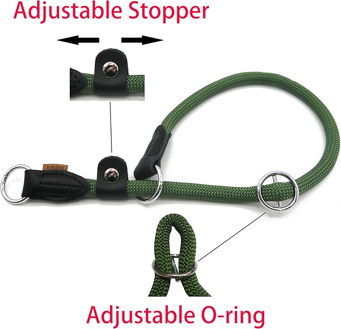 Braided Rope Collar, Training Dog Collar, Round Martingale Collar, Slip Collar with Adjustable Stopper and Slidable Stop Ring - Ideal for Extra Large Dogs (XL(1/2") - 24" Long, Dark Green)