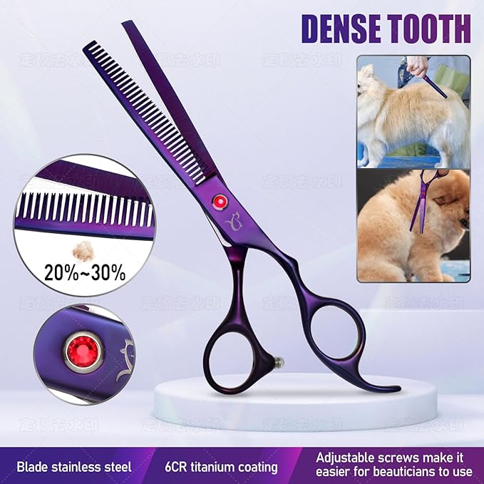Dog Grooming Scissors,Purple Curved Chunkers Shears with Safety Round Tips,Sharp and Durable 6 in 1 Dog Scissors for Grooming