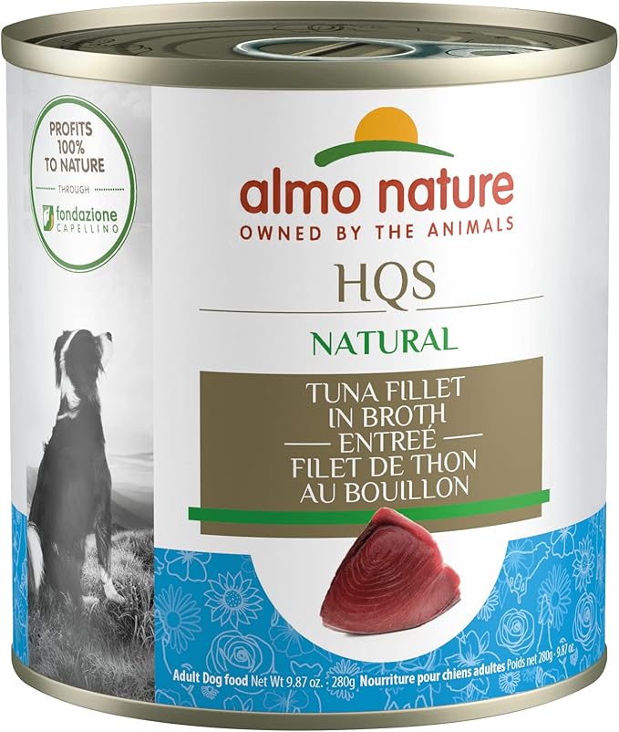 almo nature HQS Natural Tuna Fillet Entree in broth, Gluten Free, Additive Free, Adult Dog Canned Wet Food, Shredded 12 x 280g/9.87 oz