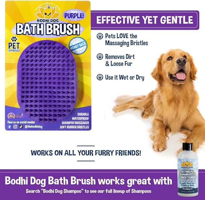 Bodhi Dog Shampoo Brush - Pet Grooming & Bath Supplies for Cats and Dog - Bath Brush for Long & Short Hair - Premium Scrubber for Shower, Bathing & Massage (One Pack, Purple)