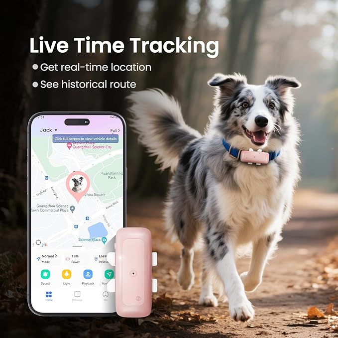 TSK Cat Dog GPS Tracker Smart Waterproof Tracker with Real-Time Location Escape Alerts Activity Monitor for Dogs Cats 6.5lbs+ Pink