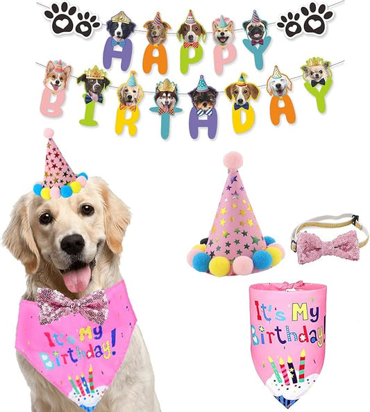 Girl Dog Puppy Theme Decorations With Dog Birthday Hat,Bow Tie,Bandana,Banner (Pink 4 Pack, Small, Medium, Large)