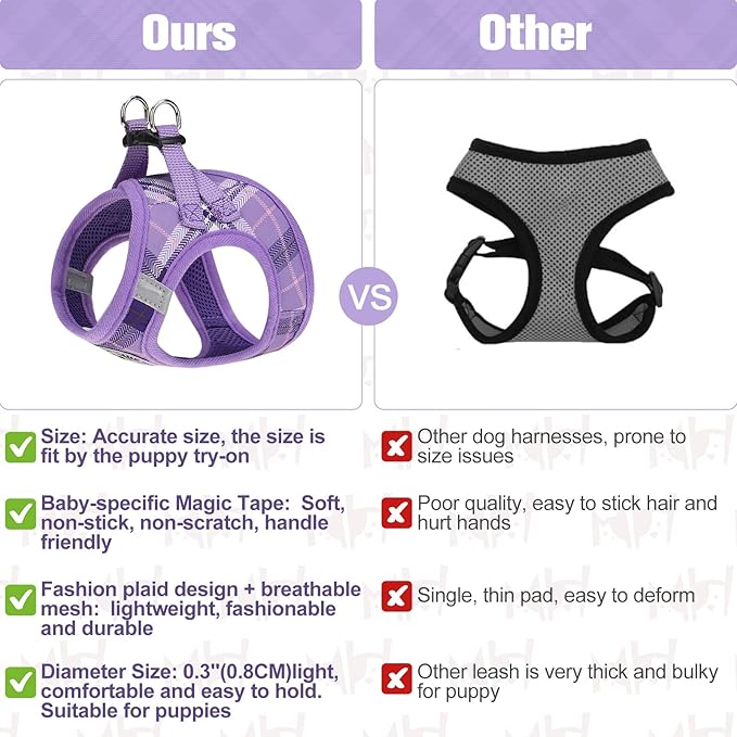 BEAUTYZOO Dog Harness and Leash Set,Step in No Chock No Pull Soft Mesh Reflective for Extra-Small/Small Medium Puppy Dogs and Cats, Plaid Dog Vest Harness for XS S Pets, Purple S