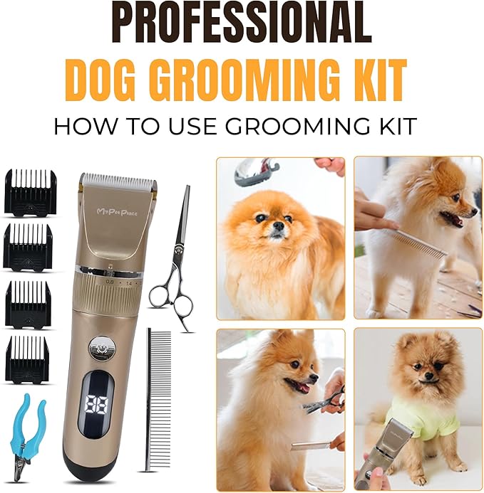 Anti-Clogging Dog Hair Clipper – Cordless, Waterproof & Rechargeable Pet Grooming Trimmer for Thick Coats – Low Noise, High-Power Blade for Dogs & Cats (Gold)
