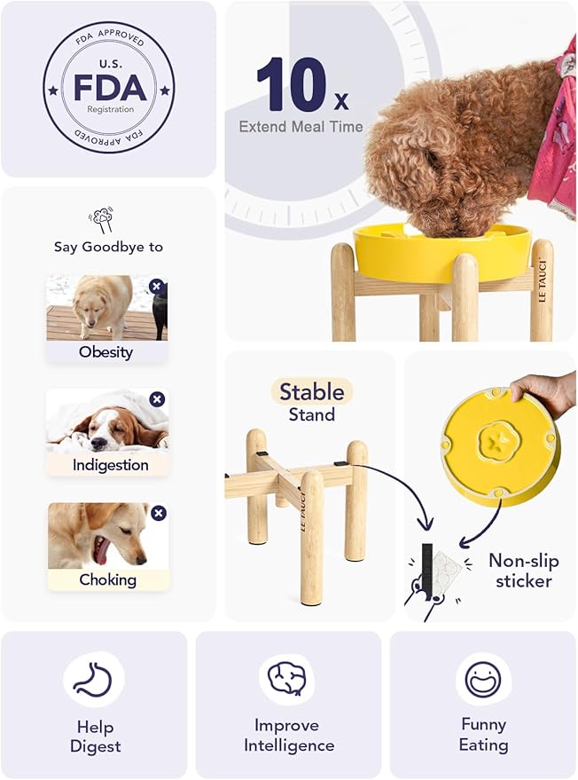 LE TAUCI Ceramic Slow Feeder Dog Bowls Elevated, 1.5 Cups Raised Dog Bowl with Wooden Stand for Small Medium Breed, Dog Dishes to Slow Down Eating, Puzzle Dog Food Bowl, Star Yellow