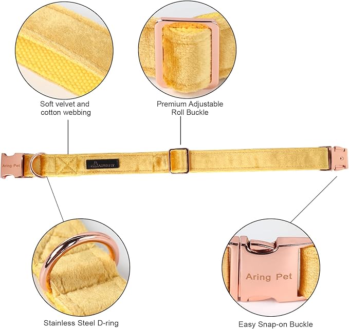 ARING PET Bowtie Dog Collar-Velvet Dog Collars with Detachable Bowtie, Adorable&Soft Yellow Dog Collar.