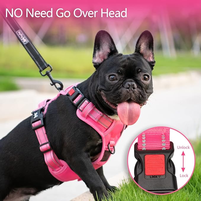 PoyPet No Pull Dog Harness, No Choke Reflective Dog Vest, Adjustable Pet Harnesses with Easy Control Padded Handle for Small Medium Large Dogs(Pink Matching Trim,L)