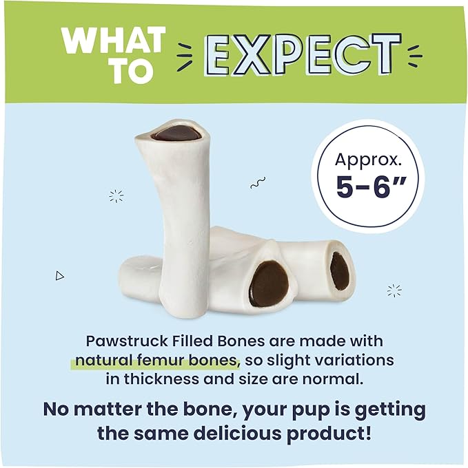 Pawstruck Large 5-6" Filled Dog Bones, Beef Flavor - Made in USA Long Lasting Stuffed Femur for Aggressive Chewers Dental Treat - Pack of 3 - Packaging May Vary