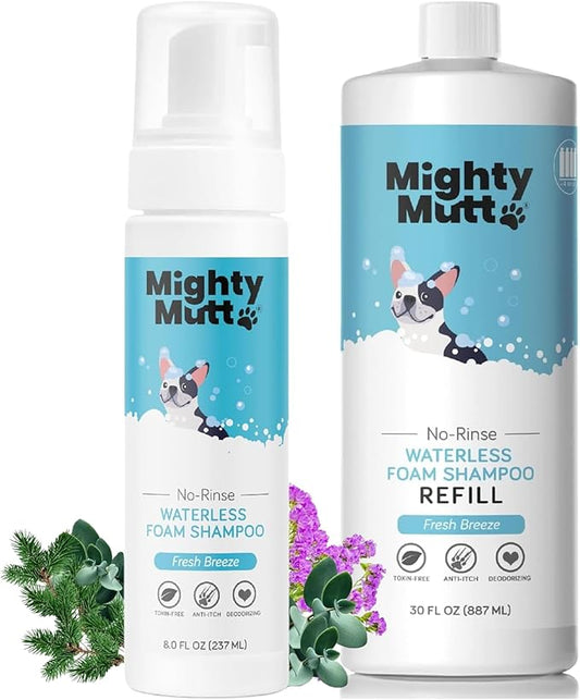 Mighty Mutt Waterless Dry Shampoo for Dogs (Fresh Breeze) + Refill | Hypoallergenic, De-Shedding and De-Tangling Deodorizing Foam Shampoo | 2 Pack Bundle