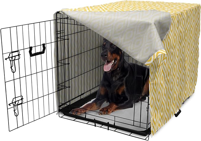 Lunarable Yellow Dog Crate Cover, Geometric Pattern with Ogee Shapes Waves and Curves Design Modern Boho Print, Easy to Use Pet Kennel Cover for Medium Large Dogs, 42 Inch, Yellow and White
