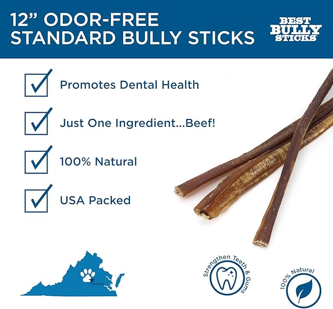 Best Bully Sticks 12 Inch Odor Free Bully Sticks for Dogs, 12 Pack - 100% Natural, Grass-Fed Beef, Easily Digestible Bully Bones, Grain and Rawhide Free, Odorless Dog Bully Sticks for Large Dogs