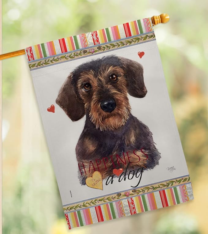 Breeze Decor Miniature Dachshund Happiness House Flag 2 pcs Pack Dog Puppy Spoiled Paw Canine Fur Pet Nature Farm Animal Creature Banner Small Garden Yard Gift Double-Sided, Made in USA