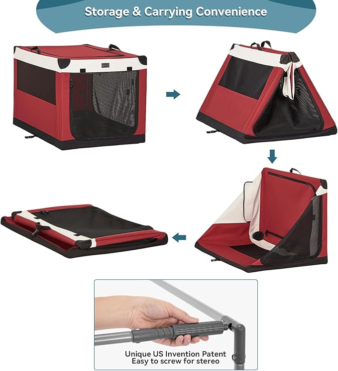 PETSFIT Soft Dog Crate, with Patented Adjustable Fabric Cover, Chewproof & Lockable Mesh Doors, Waterproof Base Portable Kennel Red 36 Inch