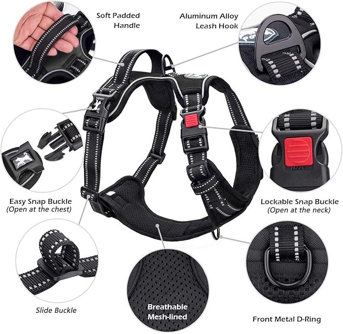 PoyPet Dog Harness No Pull, Reflective Adjustable No Choke Pet Vest with Front & Back Clips, Soft Padded and Control Training Handle for Large Dogs(Black,XL)