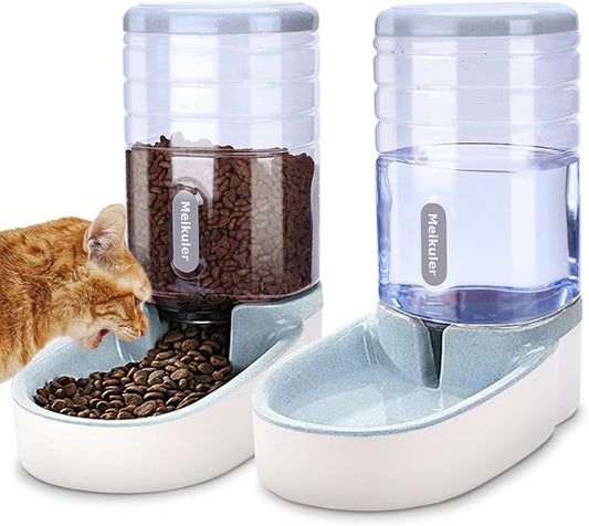 Meikuler Automatic Dog Cat Feeder and Water Dispenser Set,Waterer and Gravity Food Feeder for Small & Medium Dogs Cats Puppies,Large Capacity 1 Gallon x 2 (Grey)