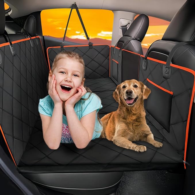 Back Seat Extender for Dogs - Holds 400lb, Hard Bottom Dog Bed Back Seat Cover, Pet Car Seat Cover Backseat Extender, Waterproof Dog Car Hammock for Car, SUV, Truck, Black/Orange