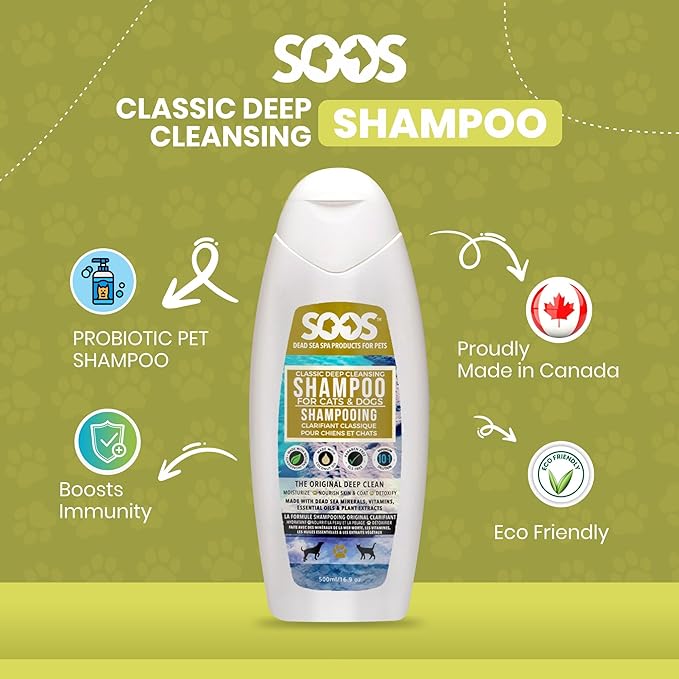 Soos Pet Dog Shampoo Classic Deep Cleansing Pet Shampoo Natural Dead Sea Minerals Fast Absorbing for Dogs and Cats - 1x Shampoo (500ml)