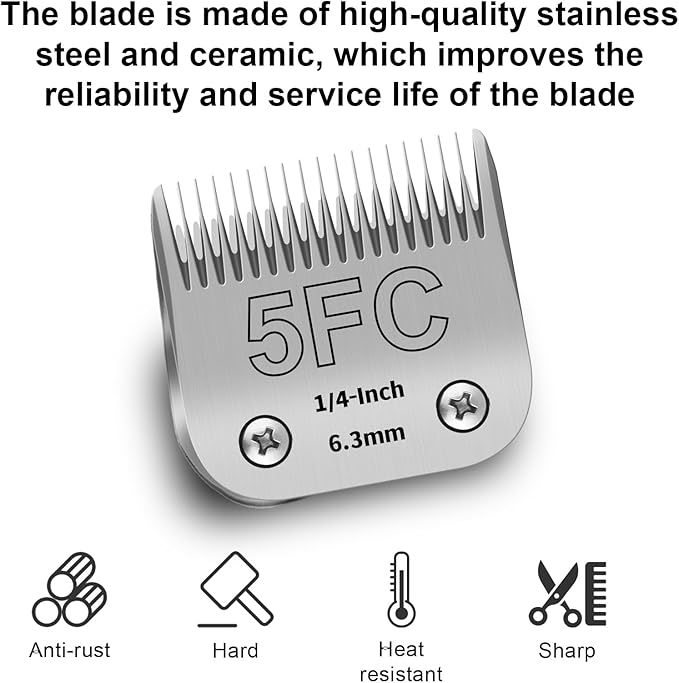 5FC Detachable Pet Clipper Replacement Blades Compatible with Andis/Oster A5/Wahl KM10 Series Dog Clipper,Made of Ceramic Blade & Stainless Steel Blade,Size 5FC Cut Length 1/4-Inch（2 Pack）