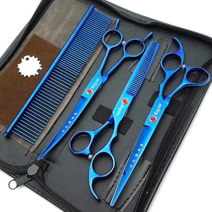 7.0in Titanium Professional Pet Grooming Scissors Set,Straight & Thinning & Curved Scissors 3pcs Set for Dog Grooming,A350 (Blue)