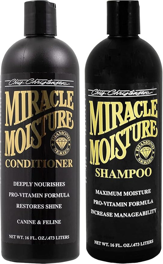 Chris Christensen Miracle Moisture Shampoo and Conditioner Bundle: Diamond Series Miracle Conditioner, Deep Hydration, 16 oz. - Diamond Series Miracle Shampoo, Strengthen Coat, 16 oz.