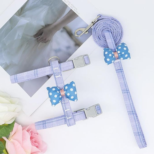 Harness Set Pet Leashs Walking Training Cute Polka Dot Bow Pet Summer Set Adjustable for Small Medium Large Dogs Cute Dog Harness Puppy Harness Soft Small Dog Vest for Small Girl Dogs（Blue,L）
